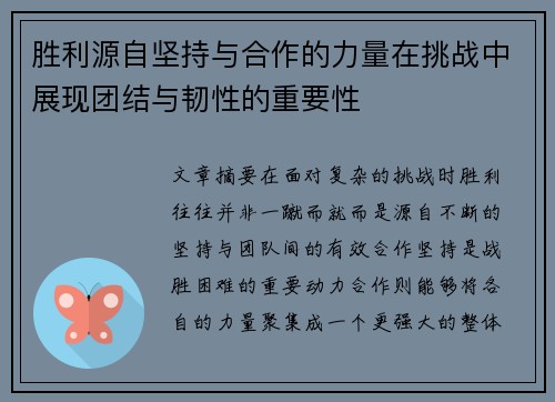 胜利源自坚持与合作的力量在挑战中展现团结与韧性的重要性